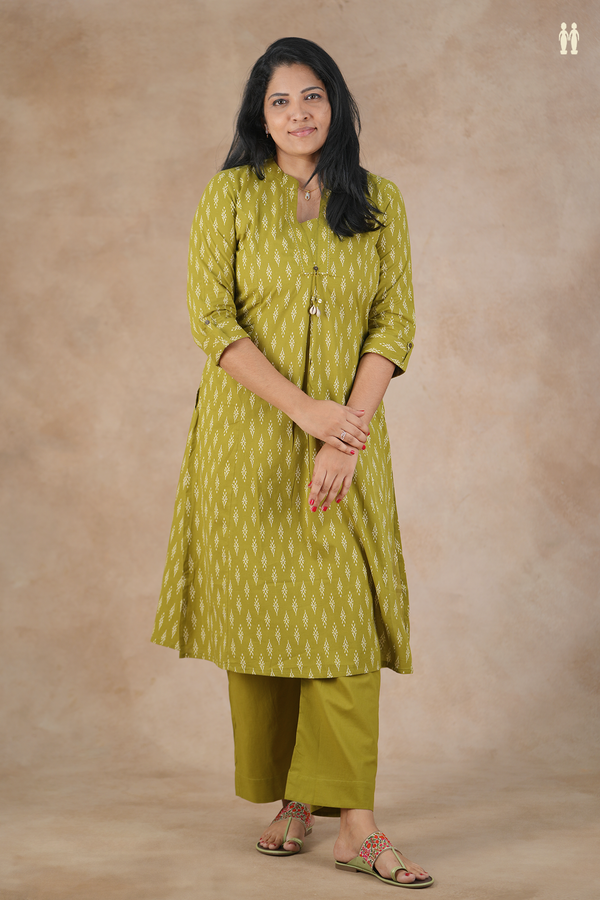 Mandarin Neck Printed Design Green Cotton Salwar Set