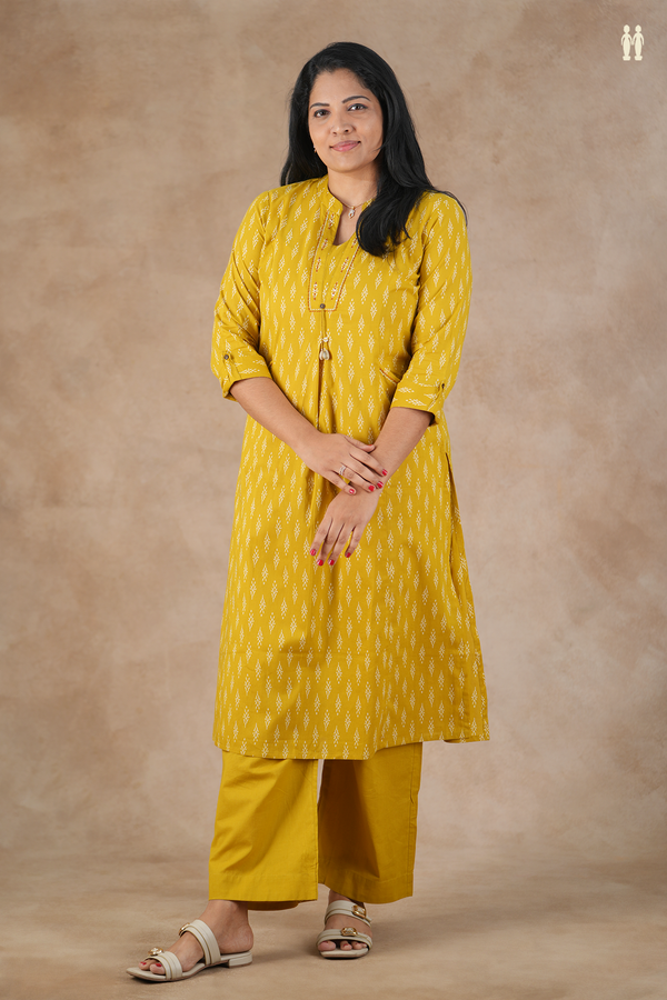 Mandarin Neck Printed Design Dark Yellow Cotton Salwar Set