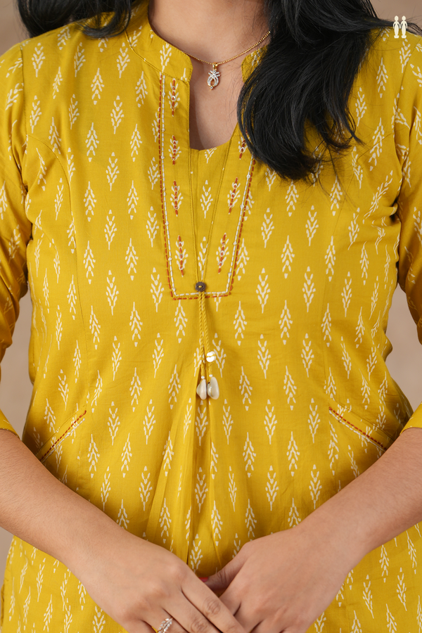 Mandarin Neck Printed Design Dark Yellow Cotton Salwar Set