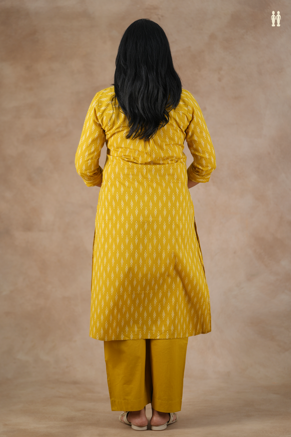 Mandarin Neck Printed Design Dark Yellow Cotton Salwar Set