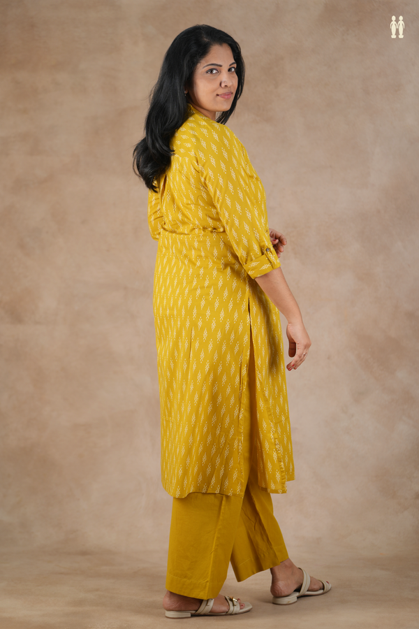 Mandarin Neck Printed Design Dark Yellow Cotton Salwar Set