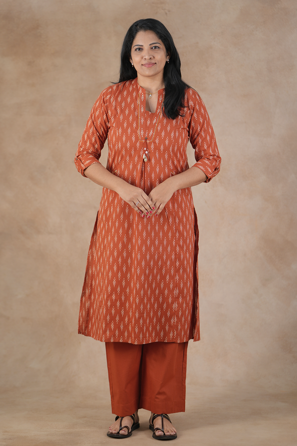 Mandarin Neck Printed Design Brick Red Cotton Salwar Set