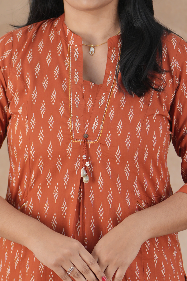 Mandarin Neck Printed Design Brick Red Cotton Salwar Set