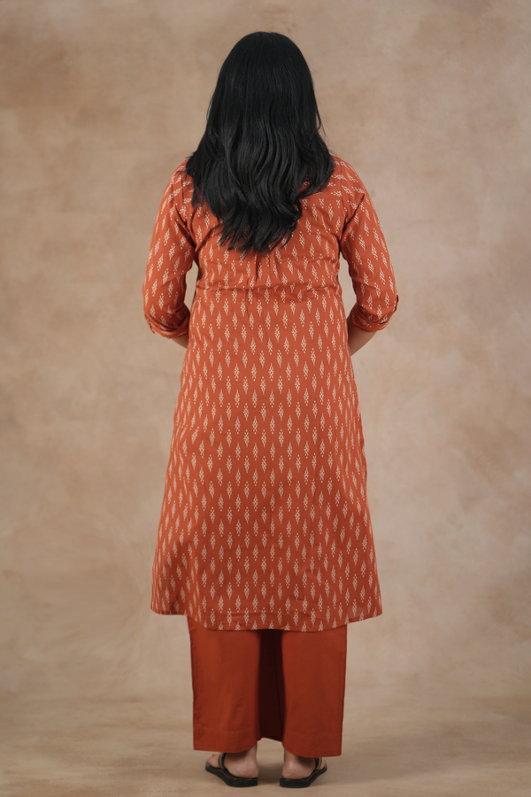 Mandarin Neck Printed Design Brick Red Cotton Salwar Set