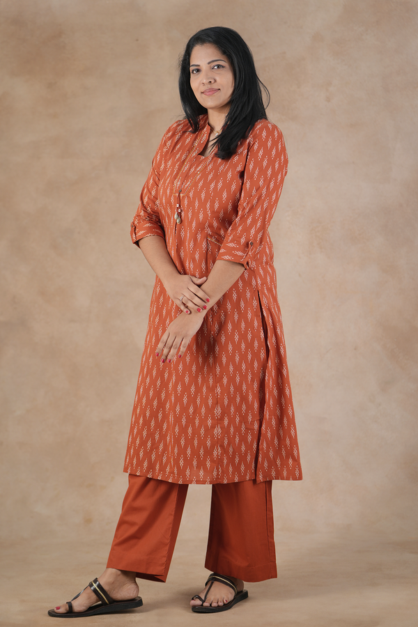 Mandarin Neck Printed Design Brick Red Cotton Salwar Set