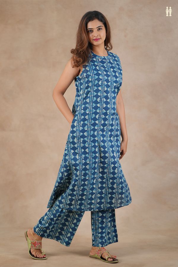 Round Neck Allover Design Blue Cotton Salwar Set