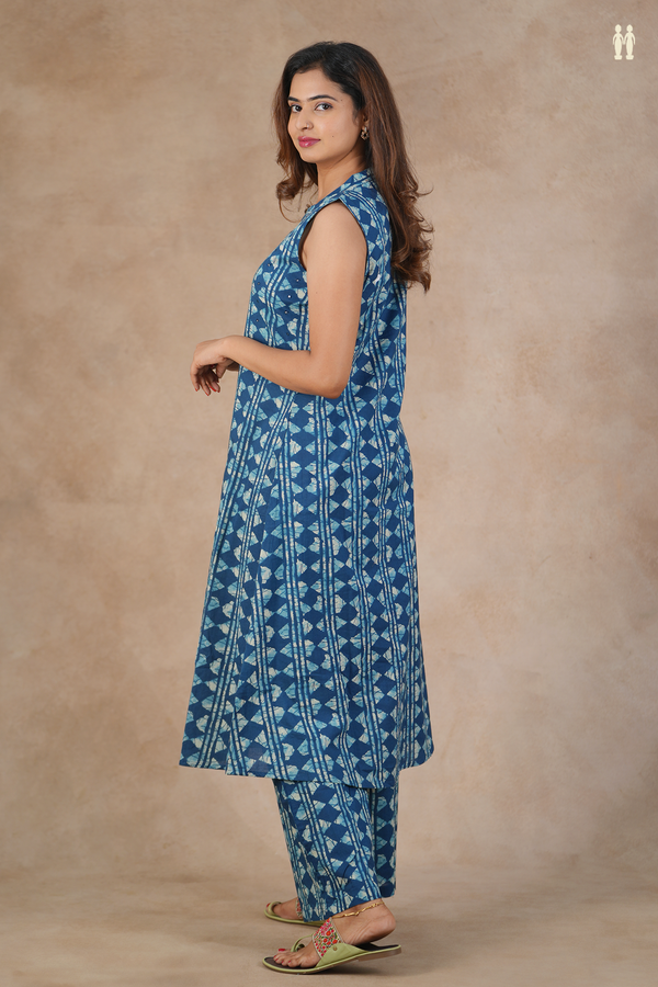 Round Neck Allover Design Blue Cotton Salwar Set