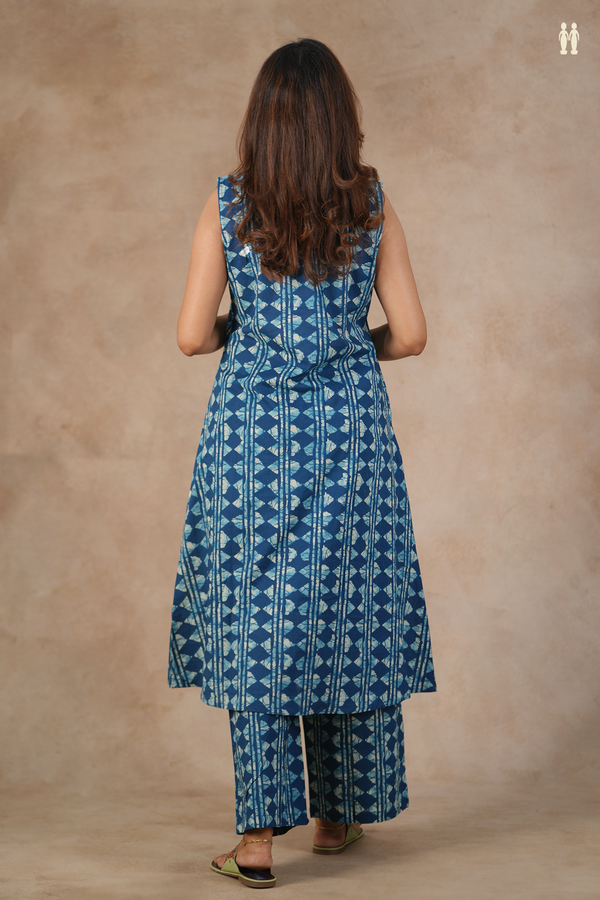 Round Neck Allover Design Blue Cotton Salwar Set