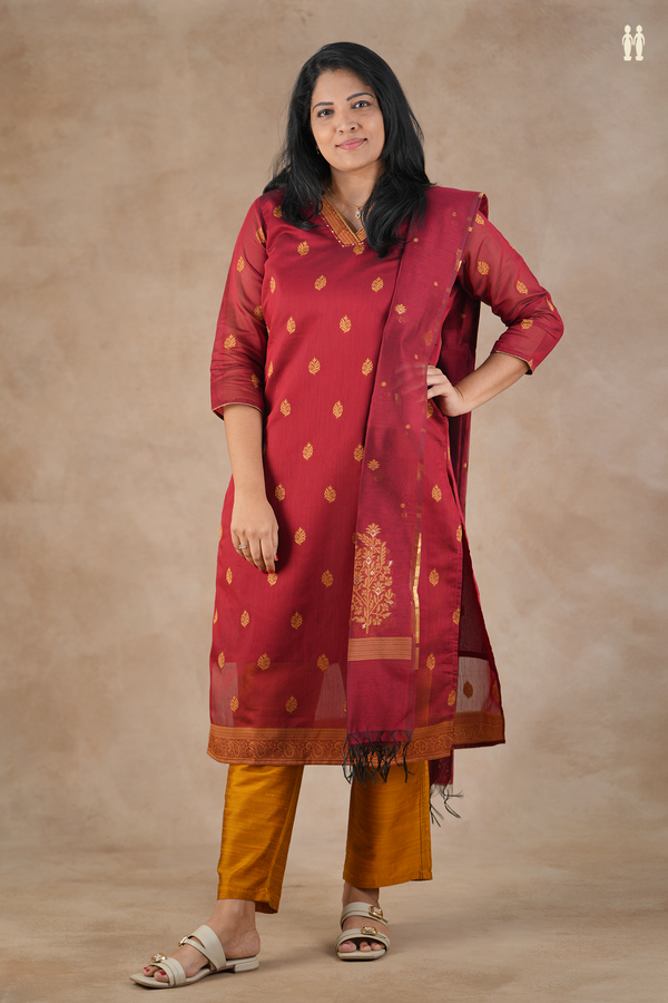 V-Neck Floral Buttas Crimson Red Semi Raw Silk Salwar Set