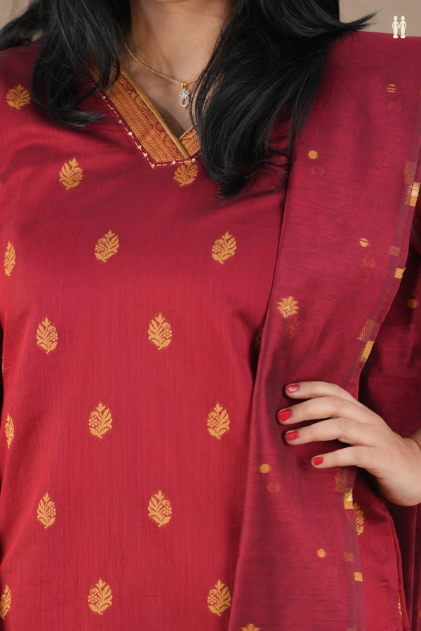 V-Neck Floral Buttas Crimson Red Semi Raw Silk Salwar Set