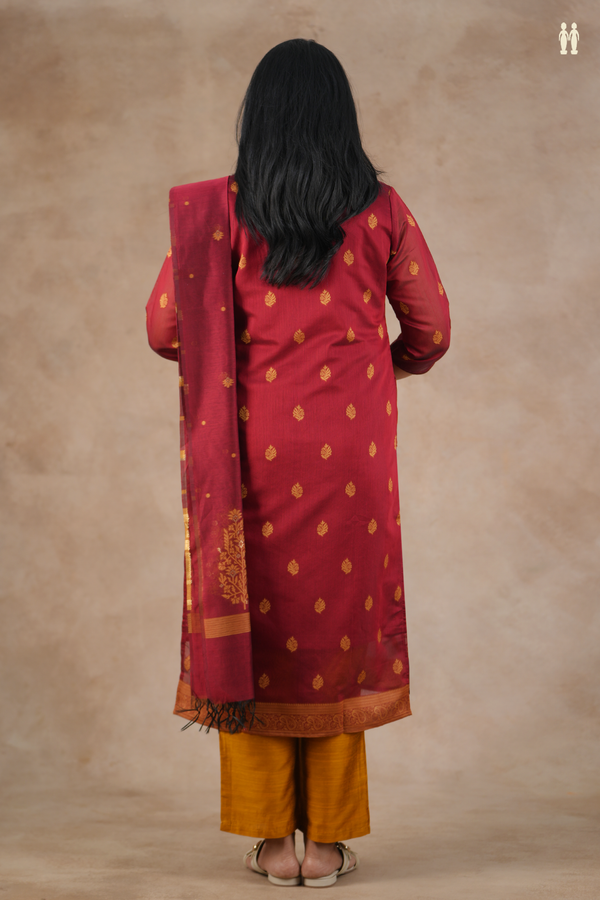 V-Neck Floral Buttas Crimson Red Semi Raw Silk Salwar Set