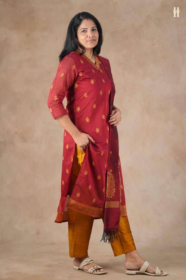 V-Neck Floral Buttas Crimson Red Semi Raw Silk Salwar Set