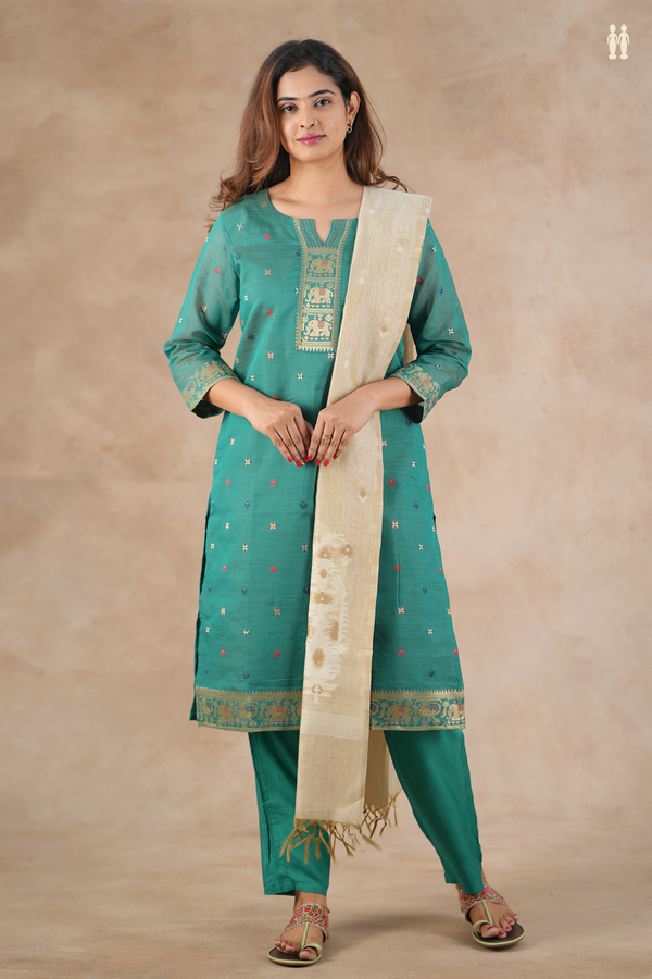 Split Neck Zari Buttas Bluish Green Silk Cotton Salwar Set