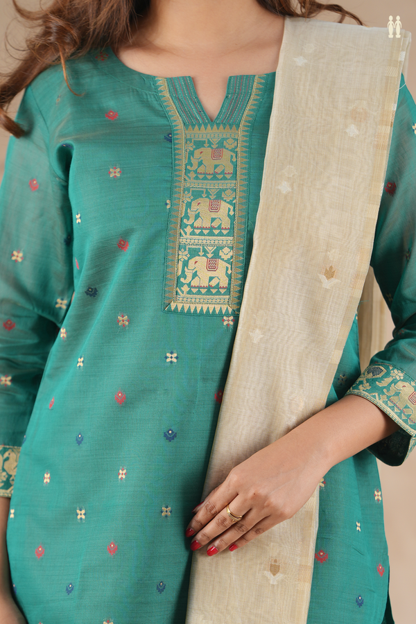 Split Neck Zari Buttas Bluish Green Silk Cotton Salwar Set