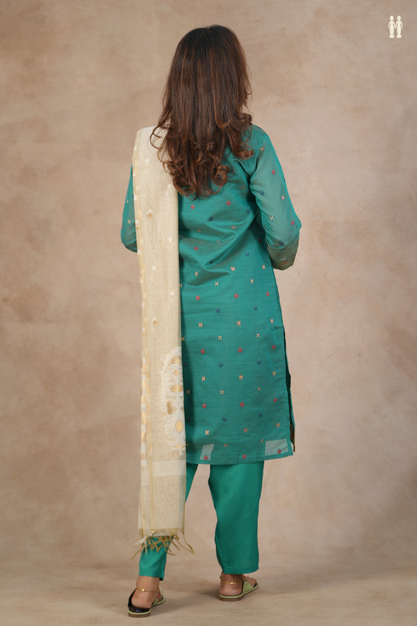 Split Neck Zari Buttas Bluish Green Silk Cotton Salwar Set