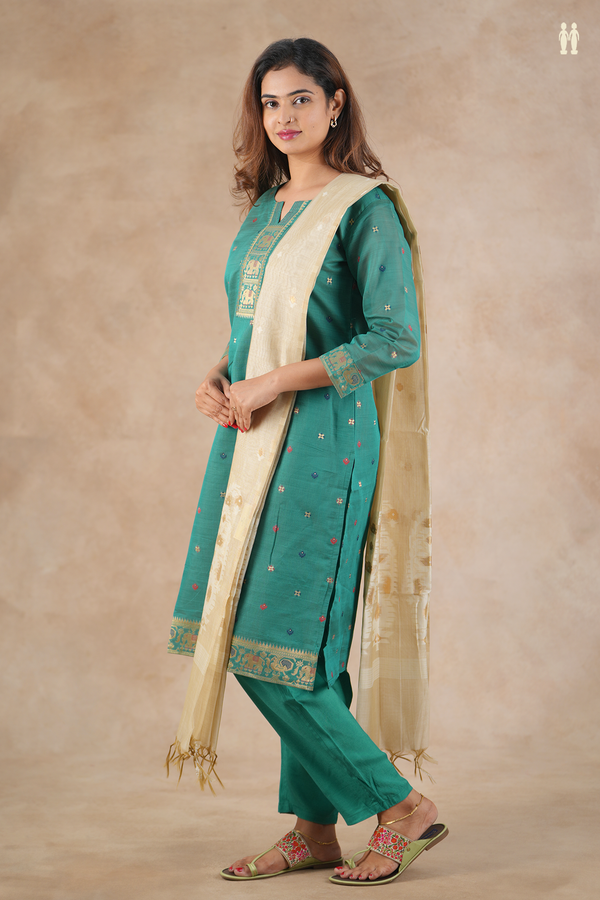 Split Neck Zari Buttas Bluish Green Silk Cotton Salwar Set