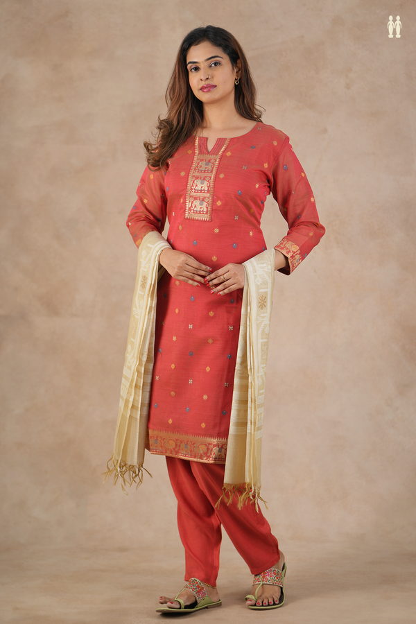 Split Neck Zari Buttas Red Silk Cotton Salwar Set