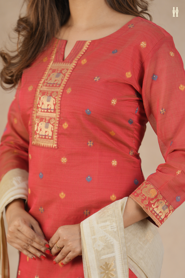 Split Neck Zari Buttas Red Silk Cotton Salwar Set