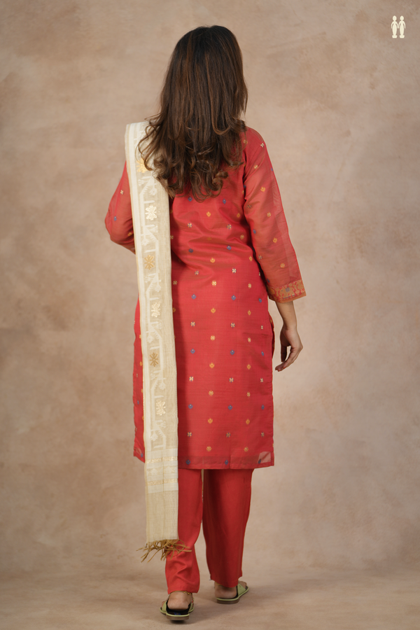 Split Neck Zari Buttas Red Silk Cotton Salwar Set