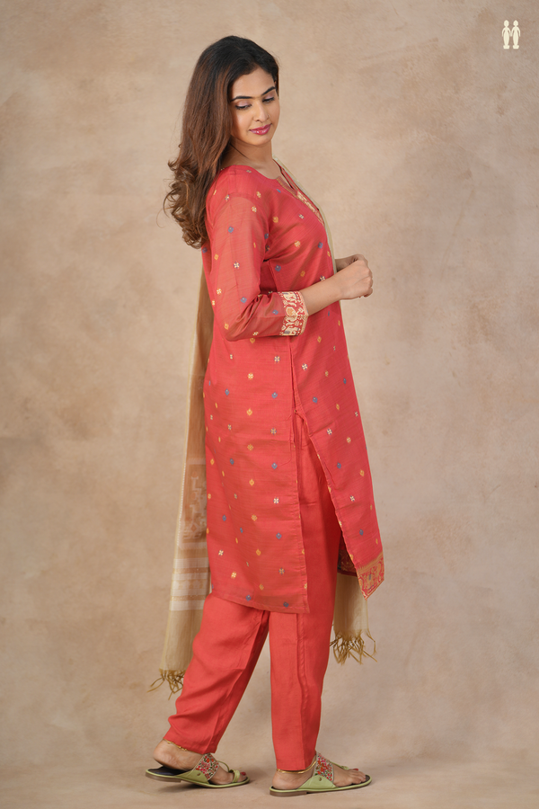 Split Neck Zari Buttas Red Silk Cotton Salwar Set