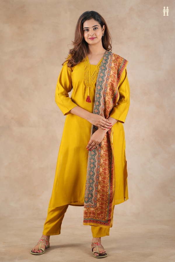 V-Neck Plain Golden Yellow Silk Cotton Salwar Set