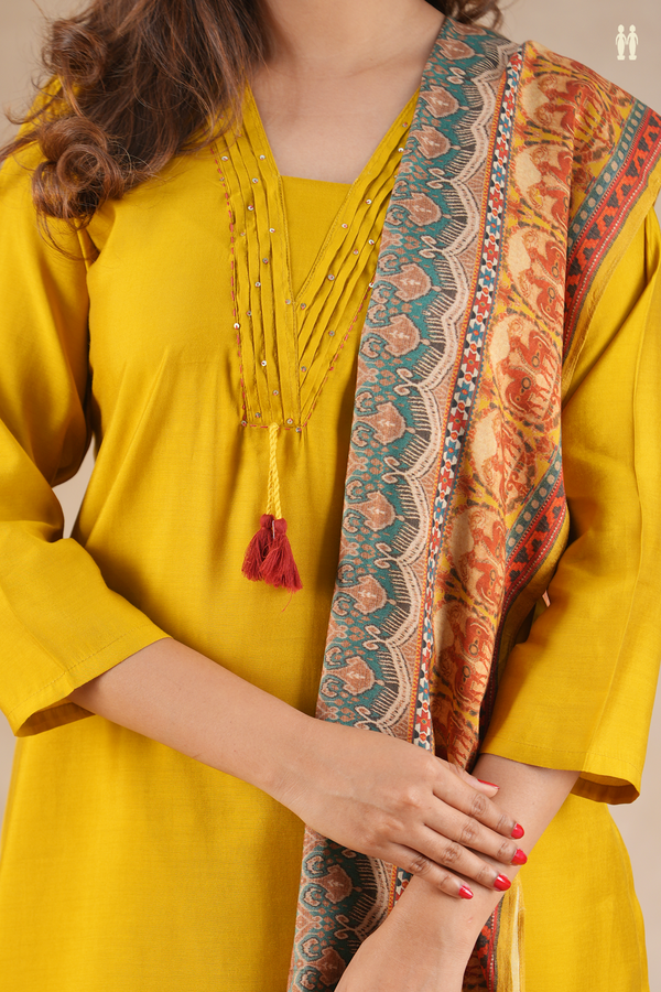 V-Neck Plain Golden Yellow Silk Cotton Salwar Set
