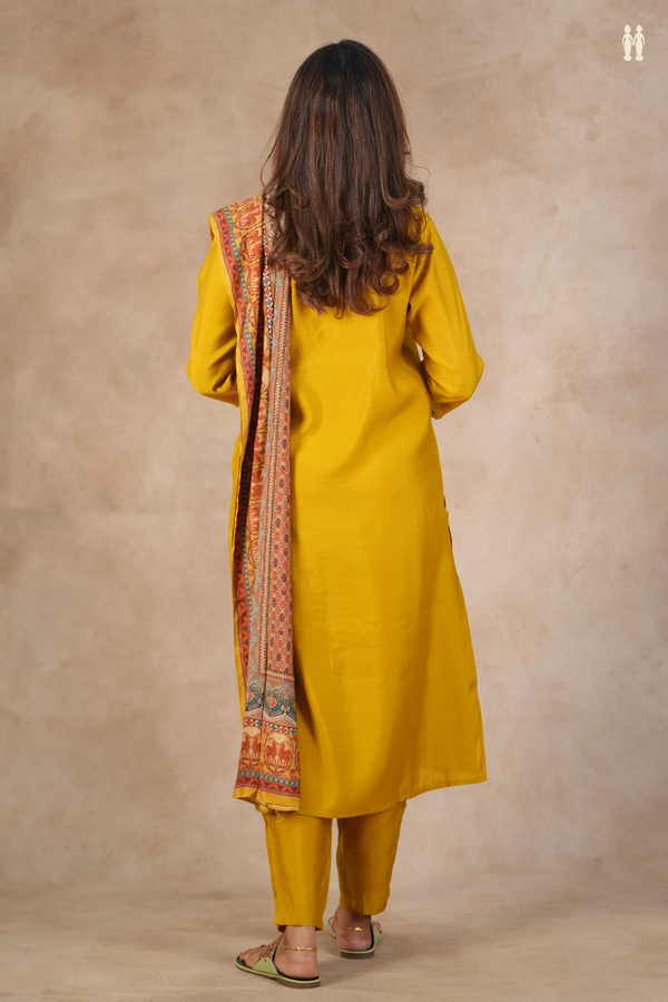 V-Neck Plain Golden Yellow Silk Cotton Salwar Set