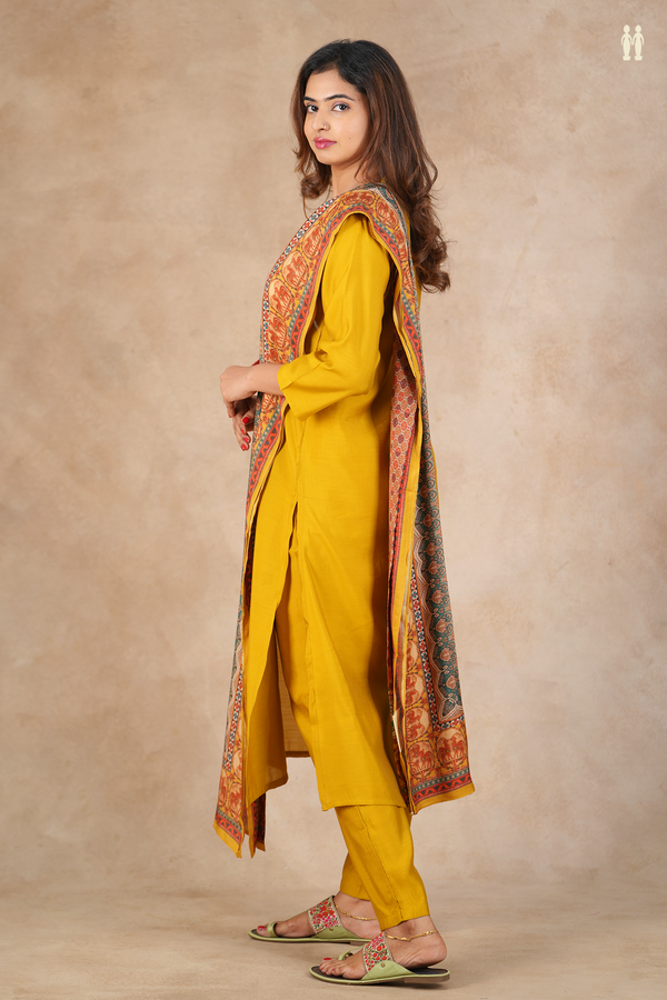V-Neck Plain Golden Yellow Silk Cotton Salwar Set