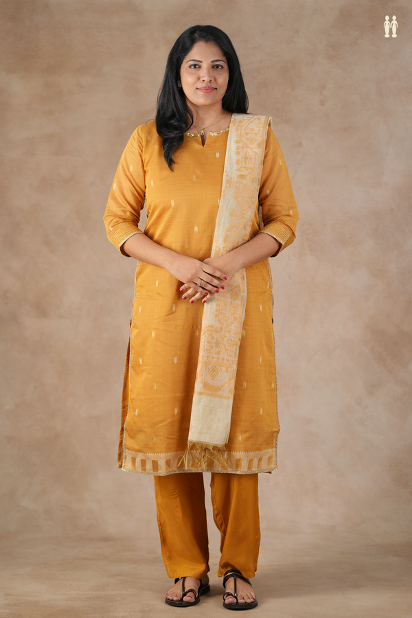 Split Neck Threadwork Buttas Orange Silk Cotton Salwar Set