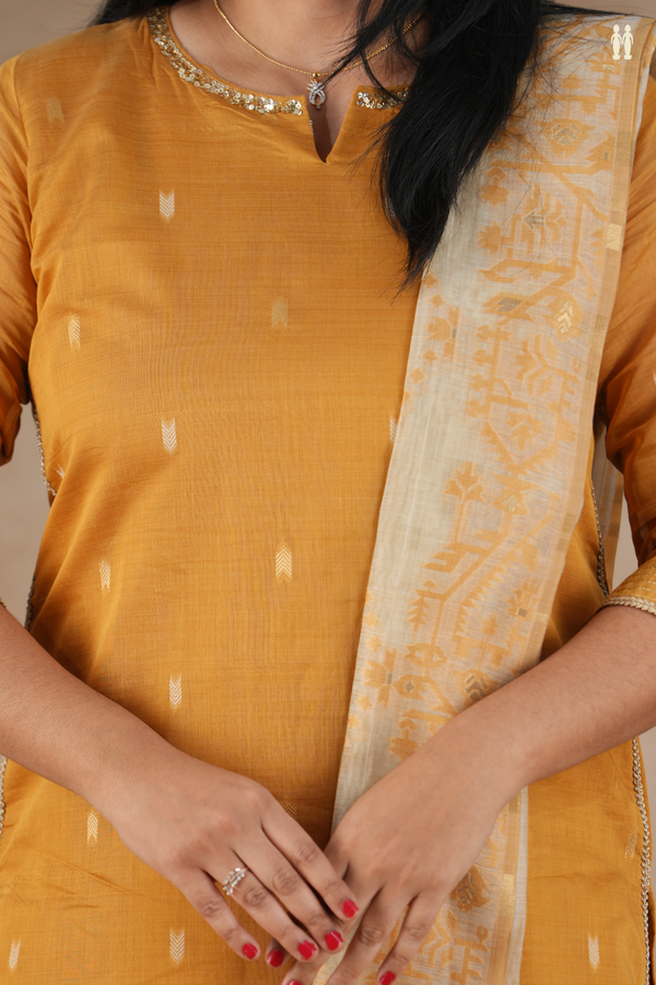 Split Neck Threadwork Buttas Orange Silk Cotton Salwar Set