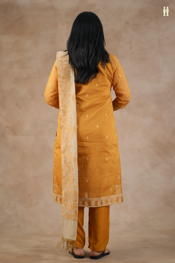 Split Neck Threadwork Buttas Orange Silk Cotton Salwar Set