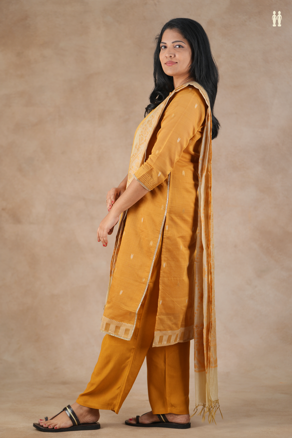 Split Neck Threadwork Buttas Orange Silk Cotton Salwar Set