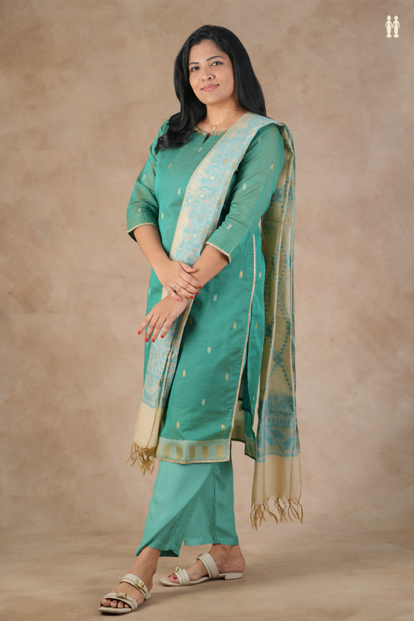 Split Neck Threadwork Buttas Sea Green Silk Cotton Salwar Set