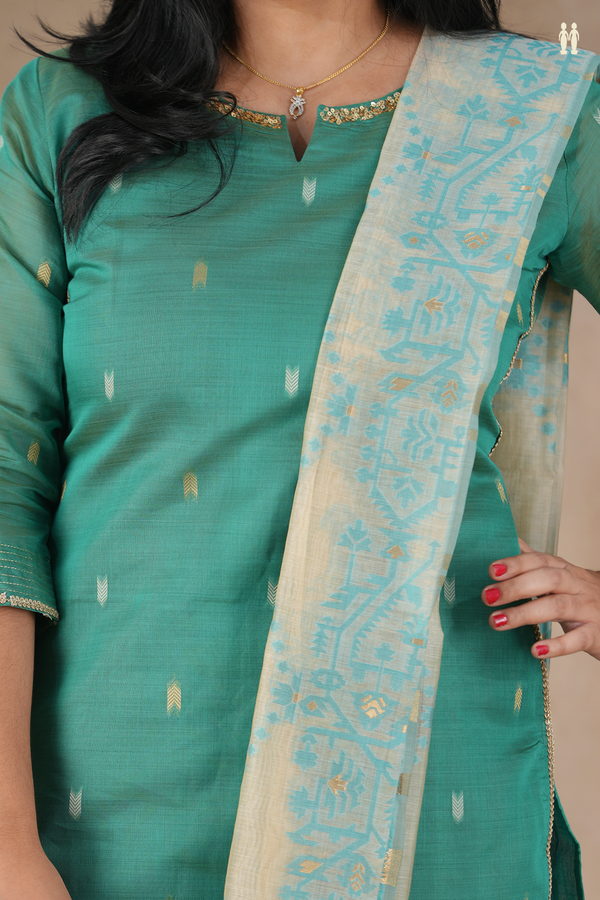 Split Neck Threadwork Buttas Sea Green Silk Cotton Salwar Set