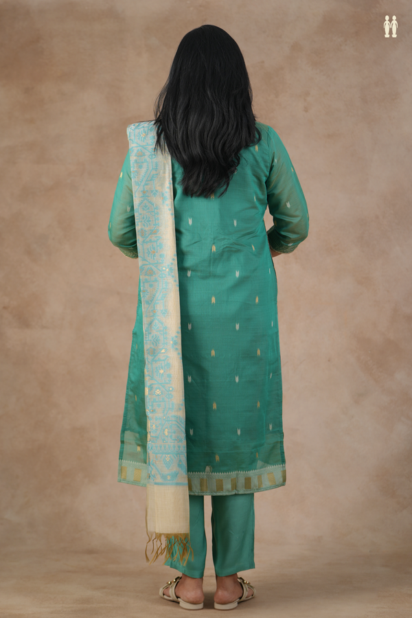 Split Neck Threadwork Buttas Sea Green Silk Cotton Salwar Set