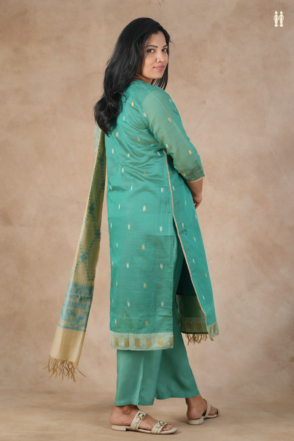 Split Neck Threadwork Buttas Sea Green Silk Cotton Salwar Set