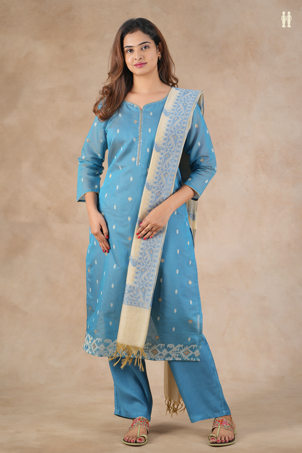 Split Neck Threadwork Buttas Blue Silk Cotton Salwar Set