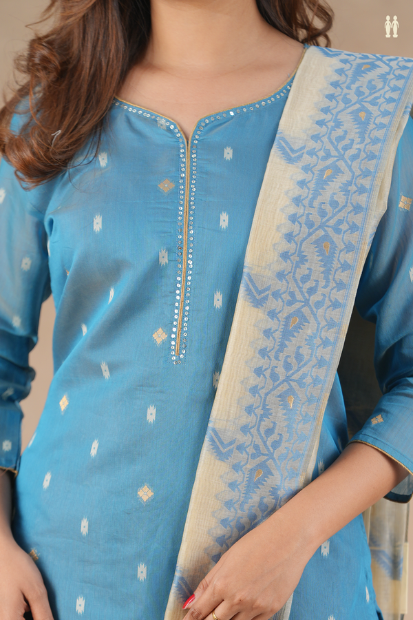 Split Neck Threadwork Buttas Blue Silk Cotton Salwar Set