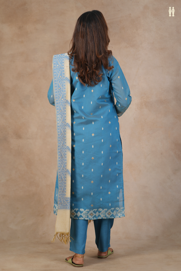 Split Neck Threadwork Buttas Blue Silk Cotton Salwar Set