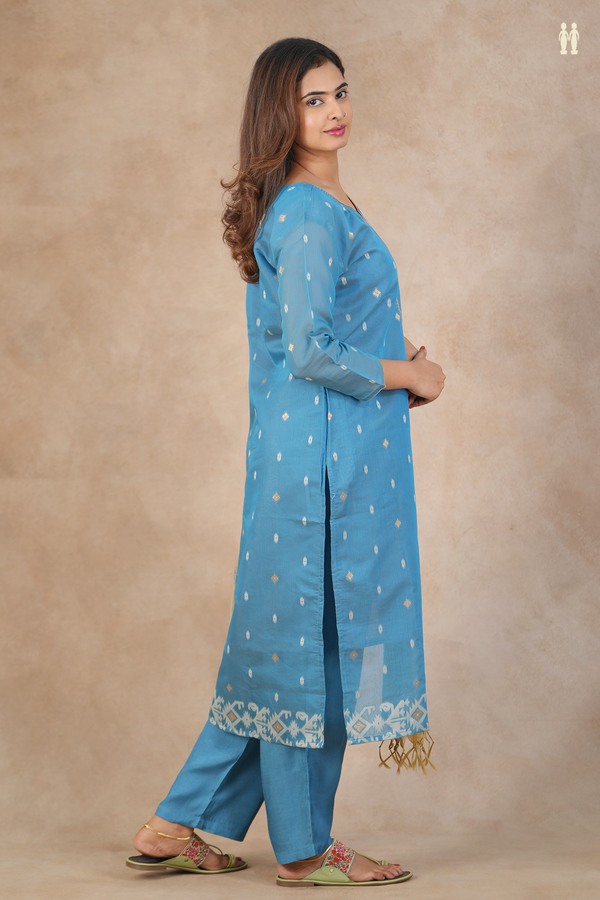 Split Neck Threadwork Buttas Blue Silk Cotton Salwar Set
