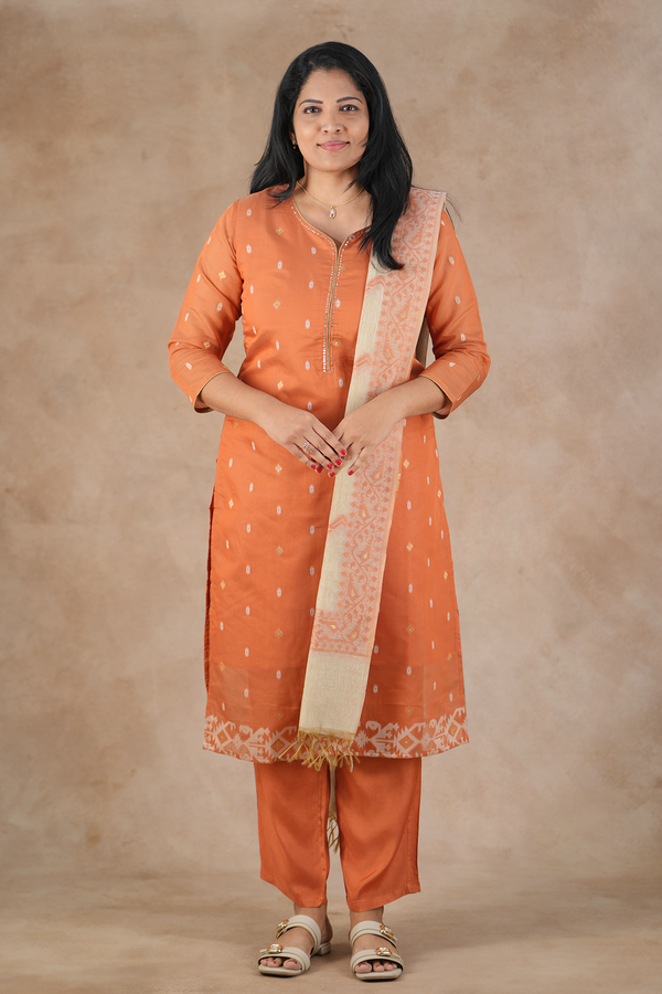 Round Neck Zari Buttas Orange Silk Cotton Salwar Set