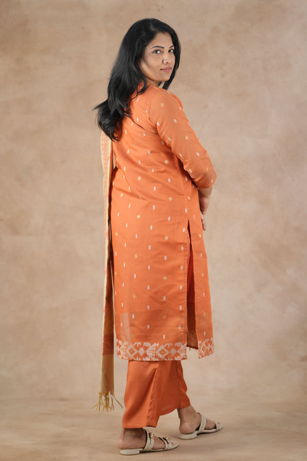 Round Neck Zari Buttas Orange Silk Cotton Salwar Set