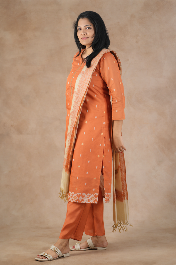 Round Neck Zari Buttas Orange Silk Cotton Salwar Set