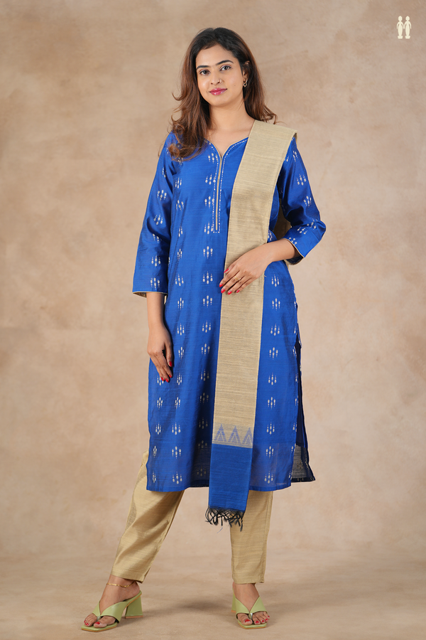 Round Neck Threadwork Design Blue Semi Raw Silk Salwar Set