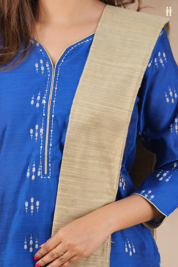 Round Neck Threadwork Design Blue Semi Raw Silk Salwar Set