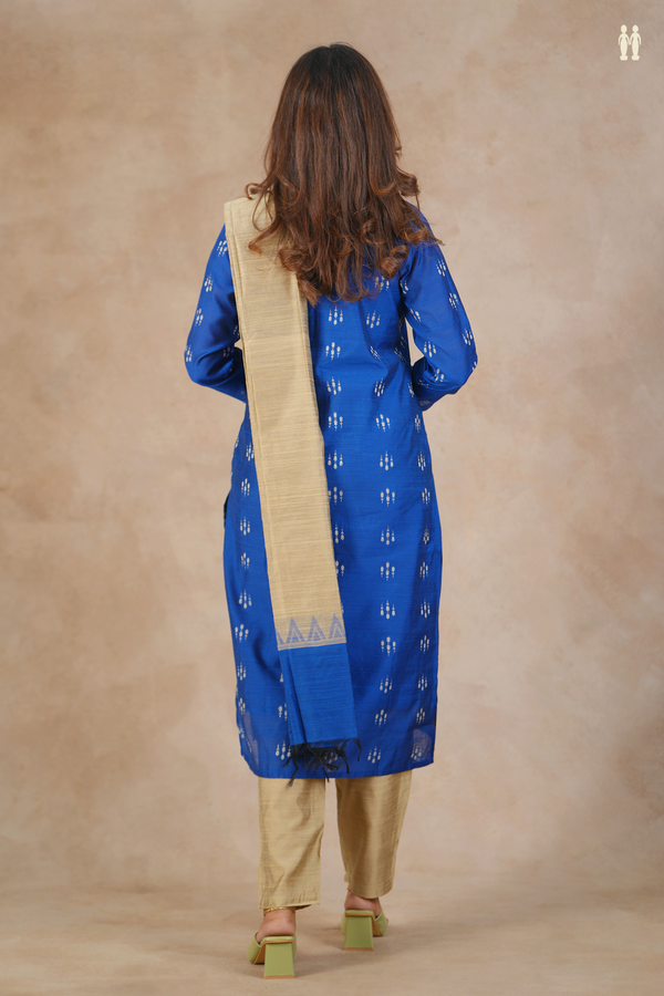 Round Neck Threadwork Design Blue Semi Raw Silk Salwar Set