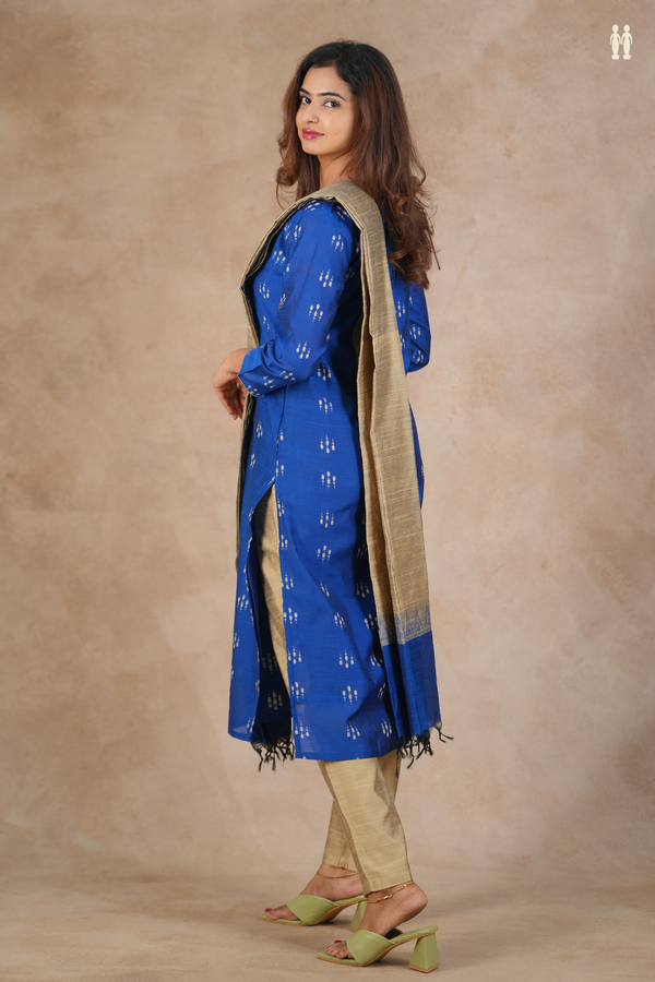Round Neck Threadwork Design Blue Semi Raw Silk Salwar Set