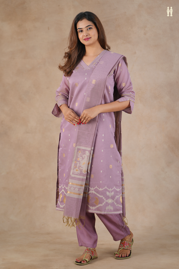 V-Neck Zari Buttas Purple Silk Cotton Salwar Set