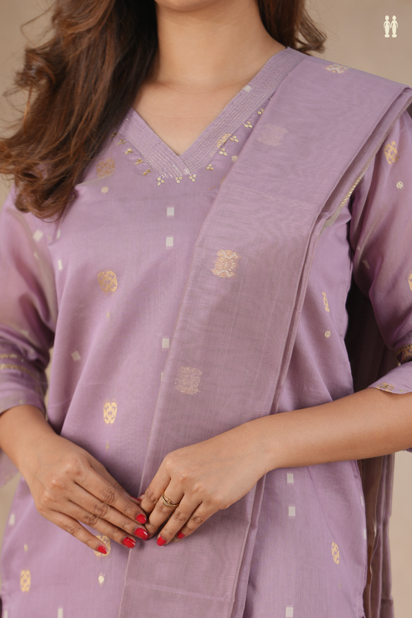 V-Neck Zari Buttas Purple Silk Cotton Salwar Set