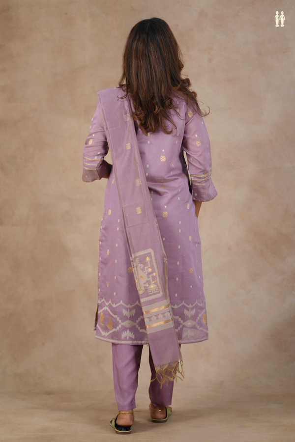 V-Neck Zari Buttas Purple Silk Cotton Salwar Set